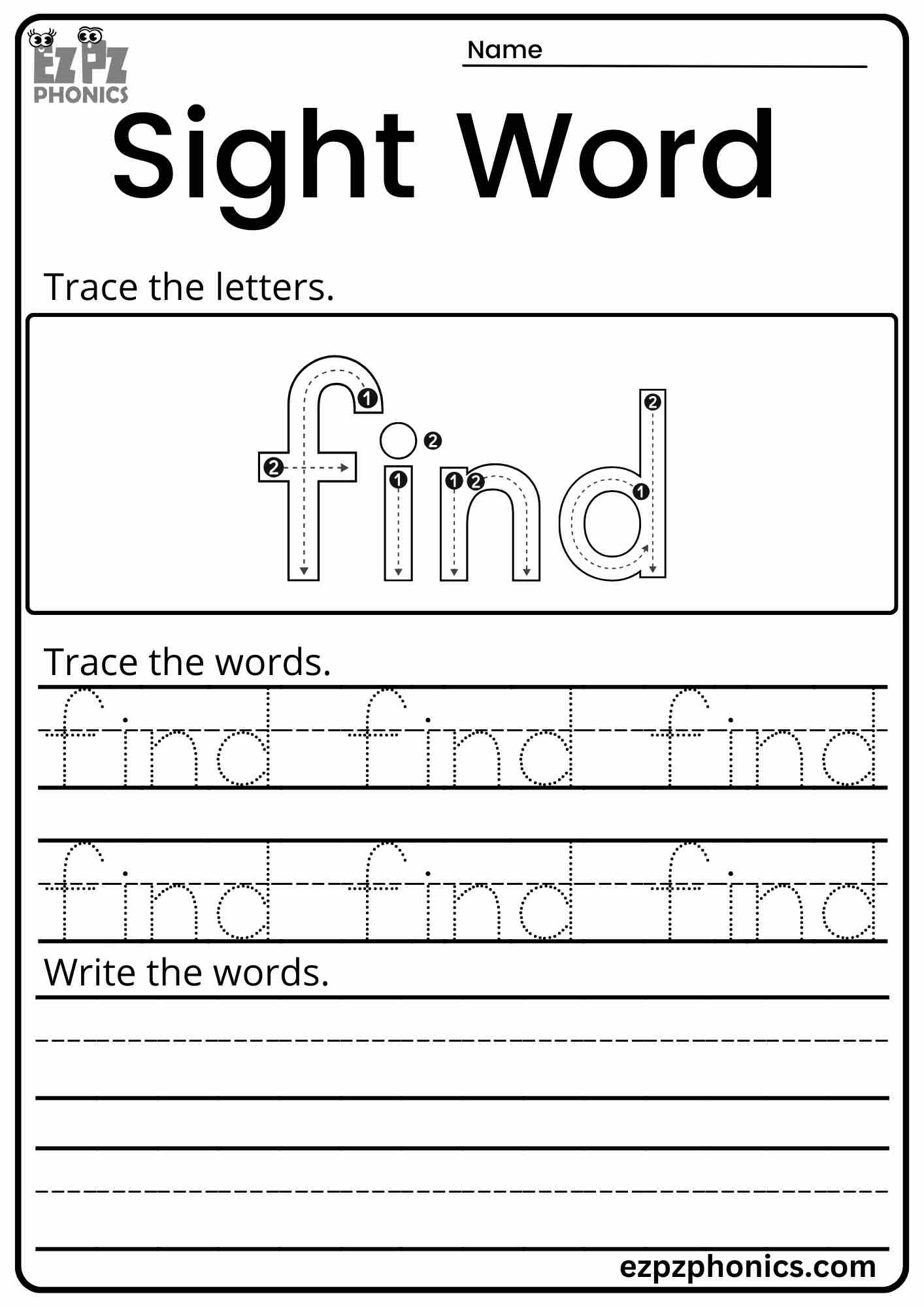 Dolch Sight Word "Find" Activity for Early Learners PDF Download